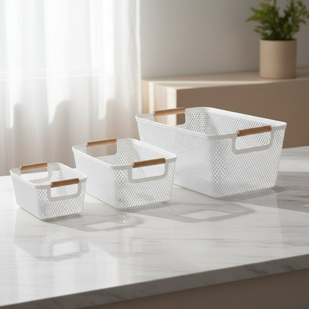 Extra-Large Mesh Plastic Storage Baskets with Bamboo Handles Home organizer Household Storage Containers