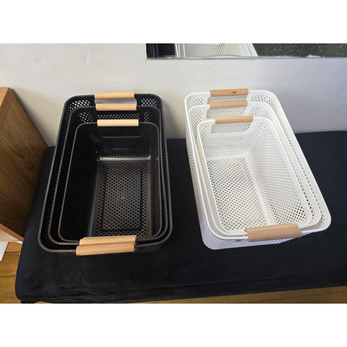 Extra-Large Mesh Plastic Storage Baskets with Bamboo Handles