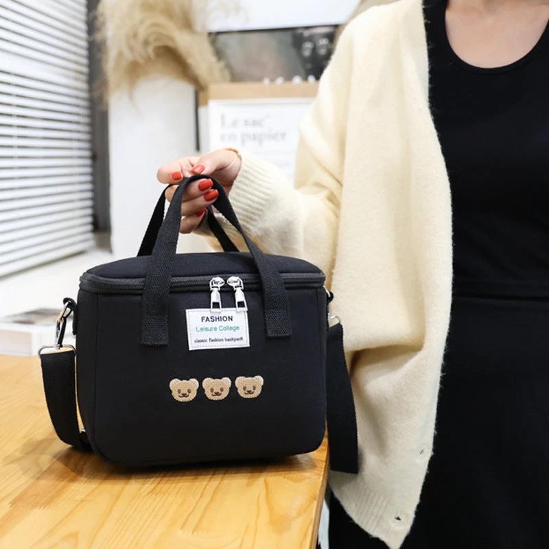 Fashion Cartoon Mommy Bear Insulated Canvas Lunch Bag Portable & Stylish Food Carrier Backpacks & Bags Lunch Bags