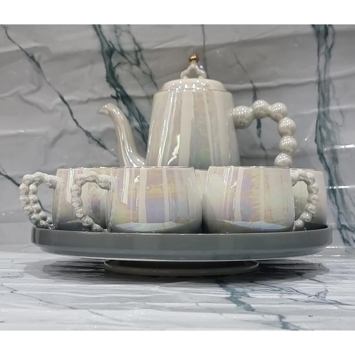 Fine Ceramic 8pcs Rotating Tray Tea Set with 6 Cups and Kettle