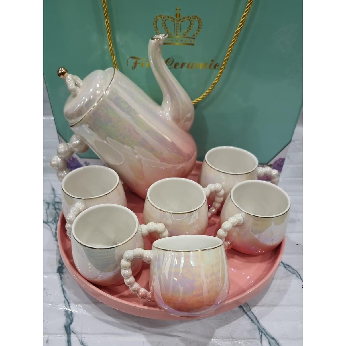 Fine Ceramic 8pcs Rotating Tray Tea Set with 6 Cups and Kettle