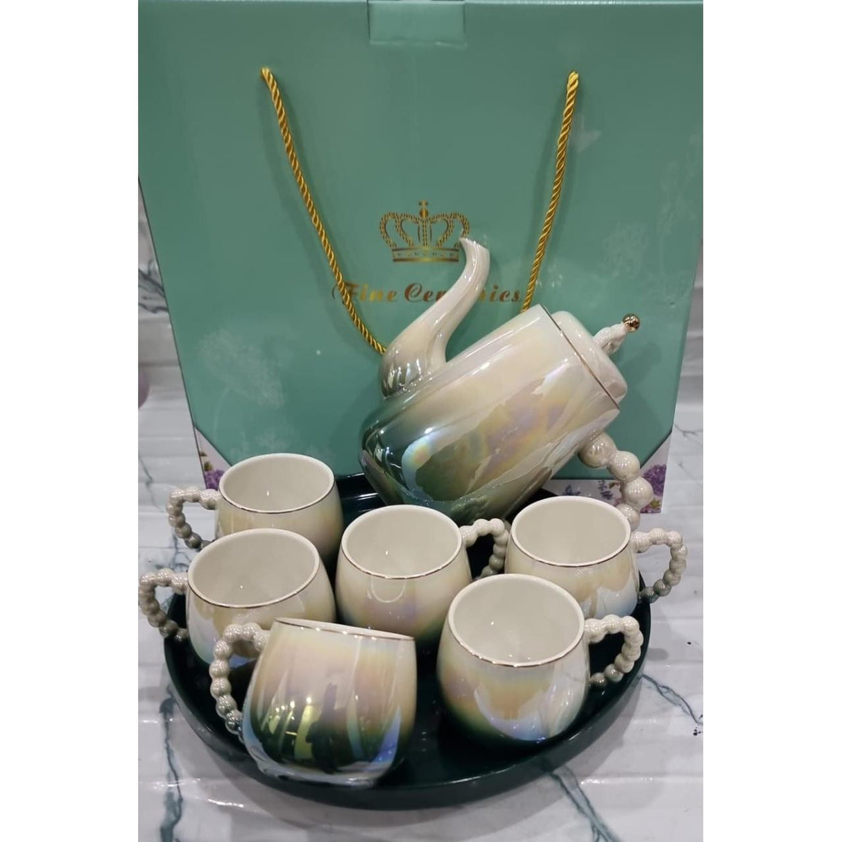 Fine Ceramic 8pcs Rotating Tray Tea Set with 6 Cups and Kettle