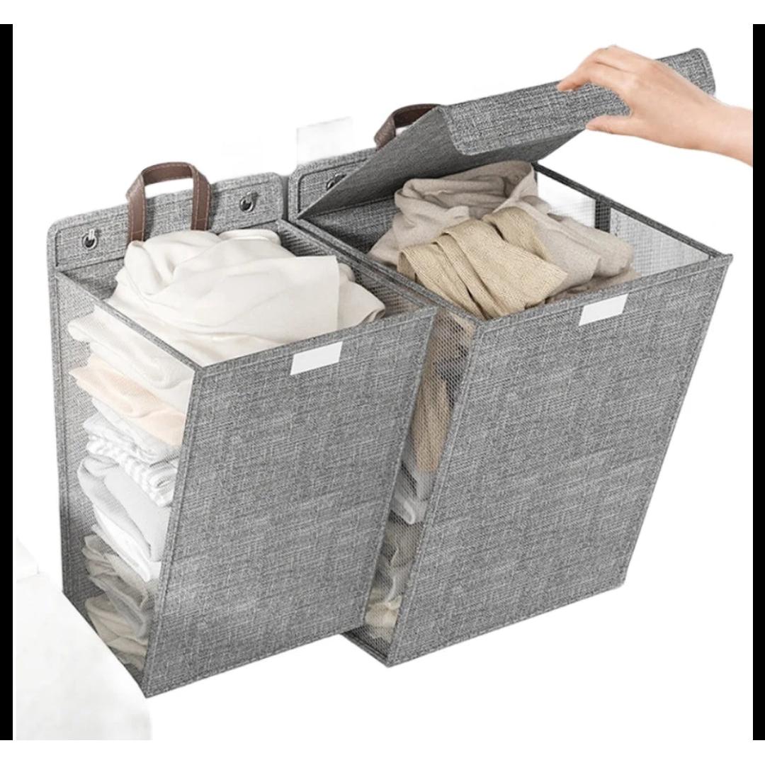 Foldable Adhesive Laundry Basket Hamper with Handle & Stickers Multifunctional Wall Hanging Mesh Organizer