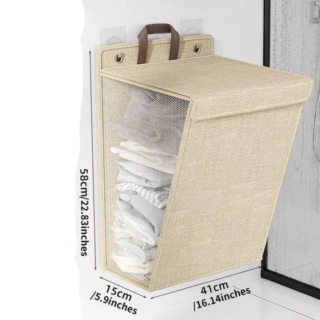 Foldable Adhesive Laundry Basket Hamper with Handle and Stickers | Punch-Free Wall Hanging Mesh Organizer - Grey & Beige Laundry hampers and basket Laundry Baskets