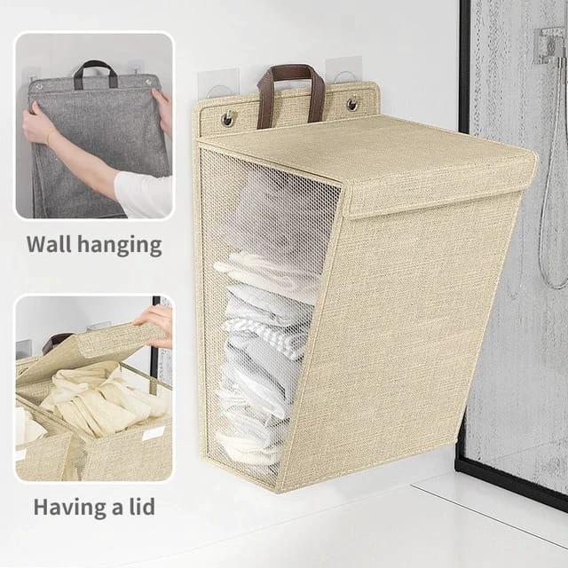 Foldable Adhesive Laundry Basket Hamper with Handle and Stickers | Punch-Free Wall Hanging Mesh Organizer - Grey & Beige Laundry hampers and basket Laundry Baskets