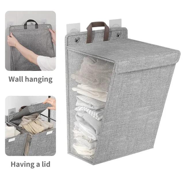 Foldable Adhesive Laundry Basket Hamper with Handle and Stickers | Punch-Free Wall Hanging Mesh Organizer - Grey & Beige Laundry hampers and basket Laundry Baskets