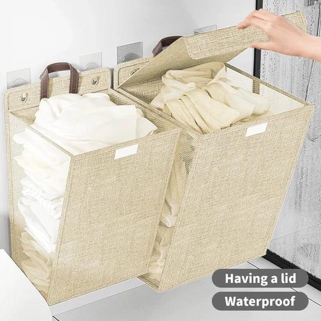 Foldable Adhesive Laundry Basket Hamper with Handle and Stickers | Punch-Free Wall Hanging Mesh Organizer - Grey & Beige Laundry hampers and basket Laundry Baskets
