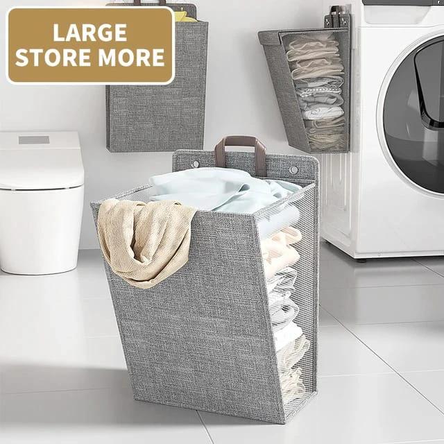 Foldable Adhesive Laundry Basket Hamper with Handle and Stickers | Punch-Free Wall Hanging Mesh Organizer - Grey & Beige Laundry hampers and basket Laundry Baskets
