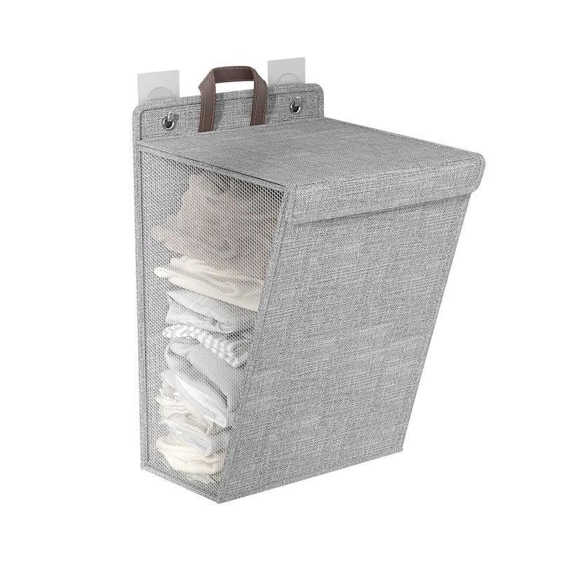 Foldable Adhesive Laundry Basket Hamper with Handle and Stickers | Punch-Free Wall Hanging Mesh Organizer - Grey & Beige Laundry hampers and basket Laundry Baskets