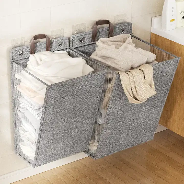 Foldable Adhesive Laundry Basket Hamper with Handle and Stickers | Punch-Free Wall Hanging Mesh Organizer - Grey & Beige Laundry hampers and basket Laundry Baskets