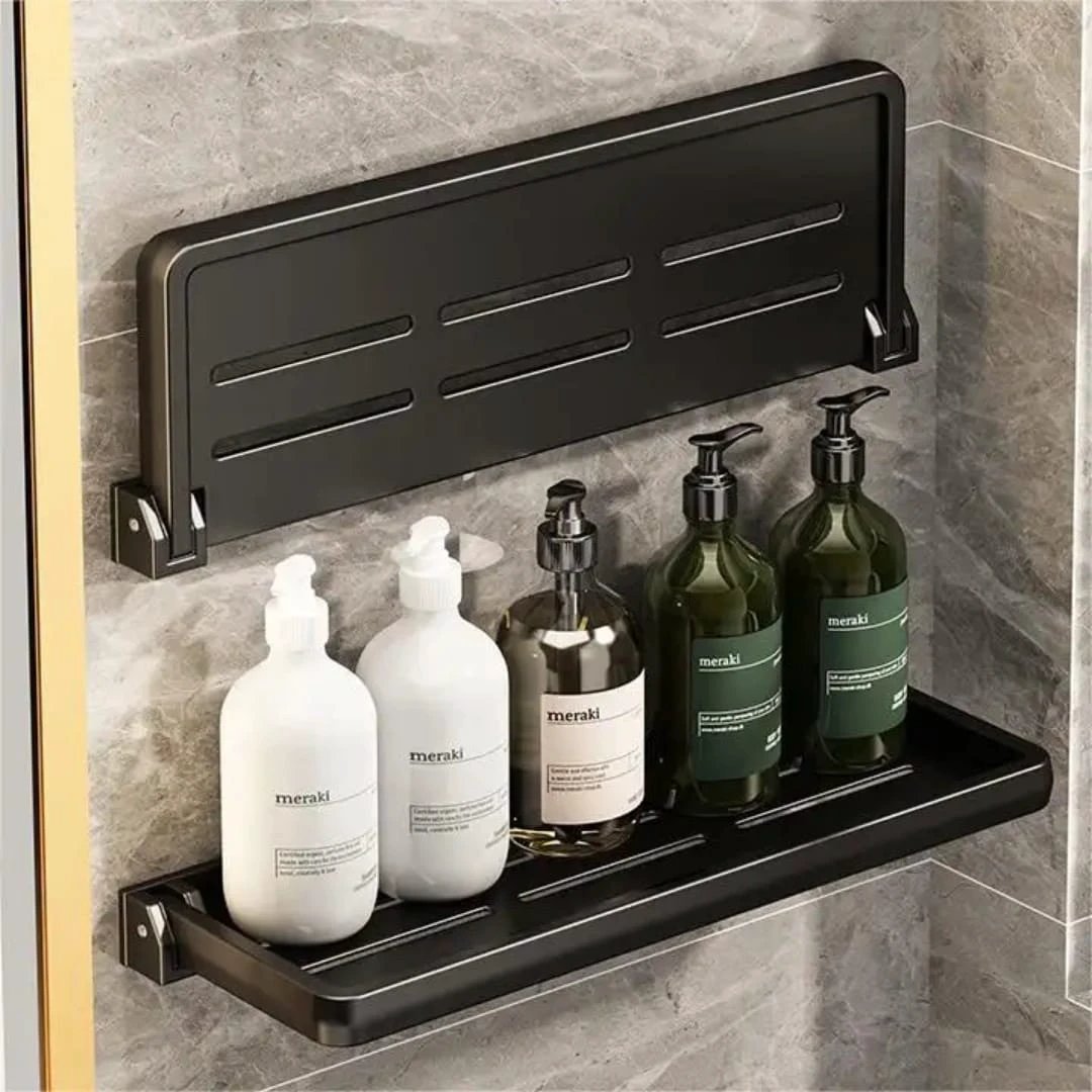 Foldable Aluminum Shower Rack Organizer Space-Saving Wall Shelf Bathroom Rack Storage Hooks & Racks