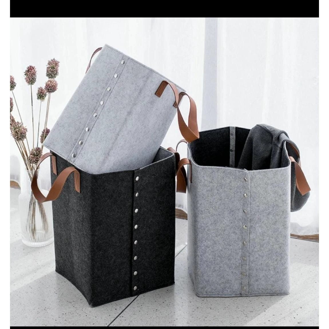 Foldable Felt Laundry Basket with Leather Handles | 32x32x50cm Laundry Supplies Laundry Baskets
