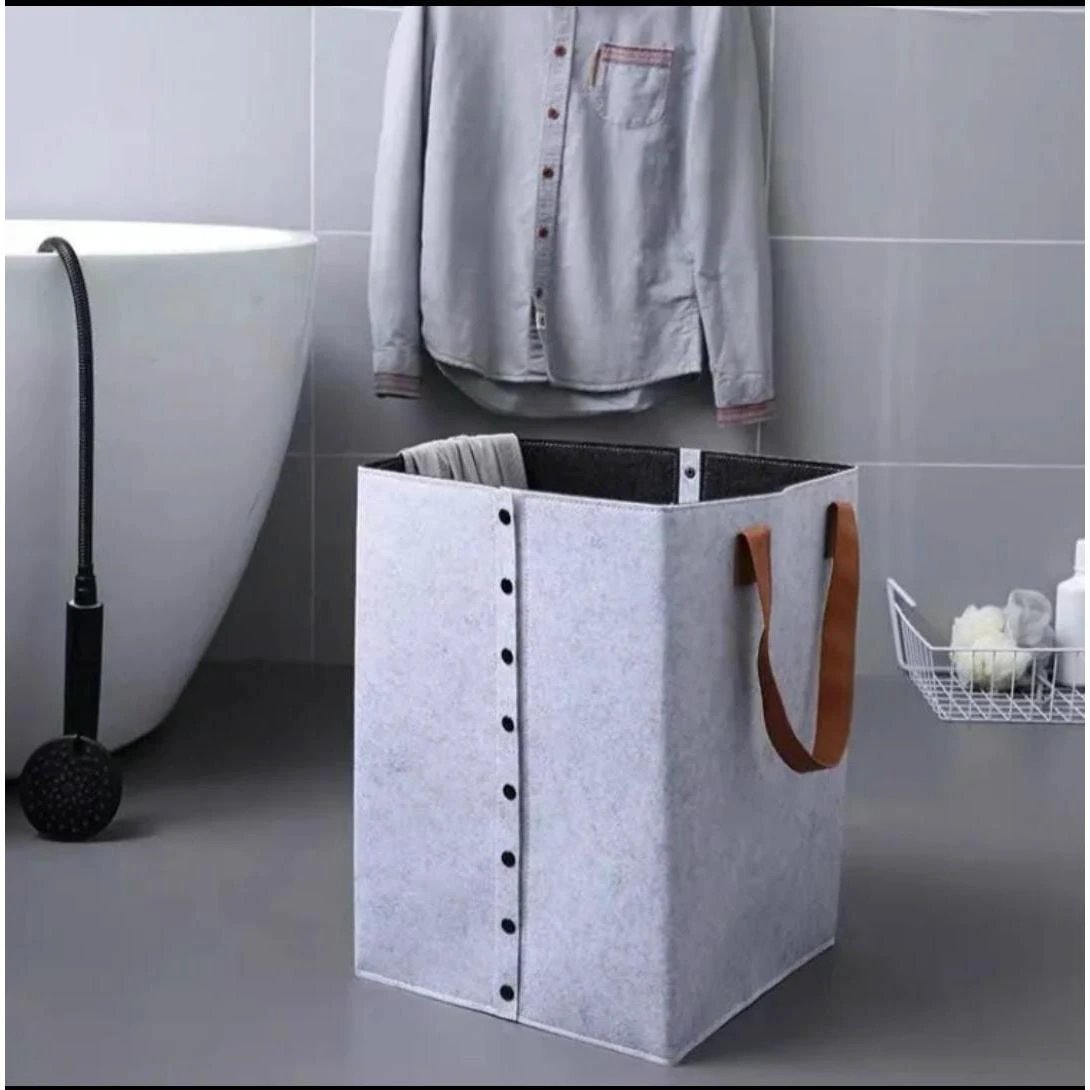 Foldable Felt Laundry Basket with Leather Handles | 32x32x50cm Laundry Supplies Laundry Baskets