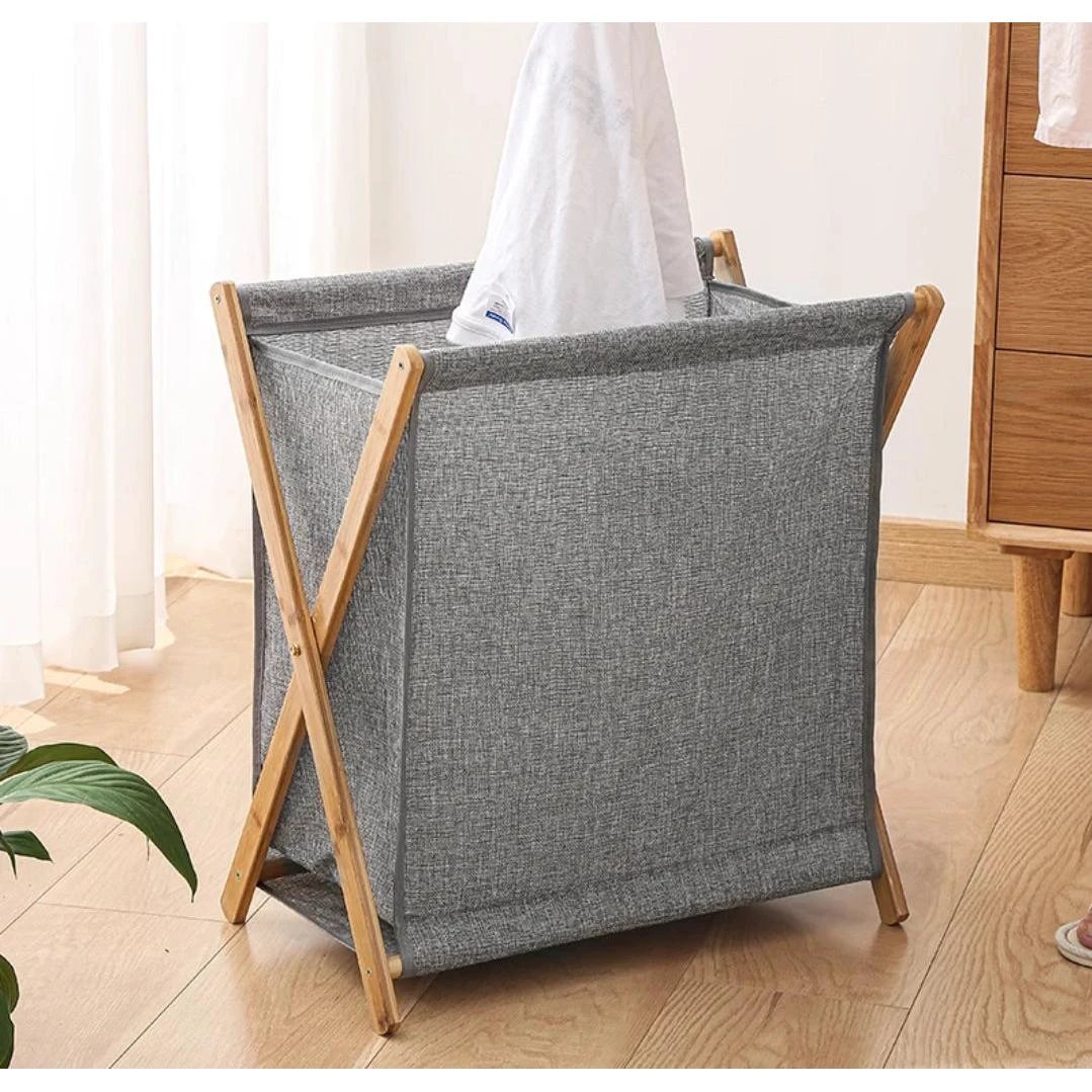 Foldable Laundry Basket with Bamboo Stand Durable Oxford Cloth Hamper for Laundry, Available in Beige and Grey Laundry Supplies Laundry Baskets