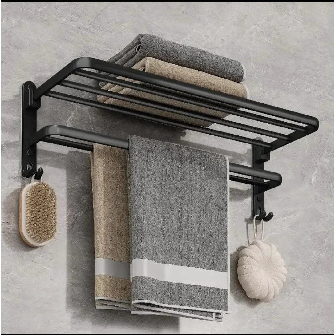 Foldable Metallic Bathroom Towel Holder Rack | 60x21x19cm Black - Adhesive & Screw Mount Options Bathroom Storage Towel Racks