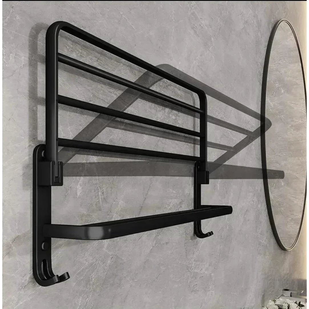 Foldable Metallic Bathroom Towel Holder Rack | 60x21x19cm Black - Adhesive & Screw Mount Options Bathroom Storage Towel Racks