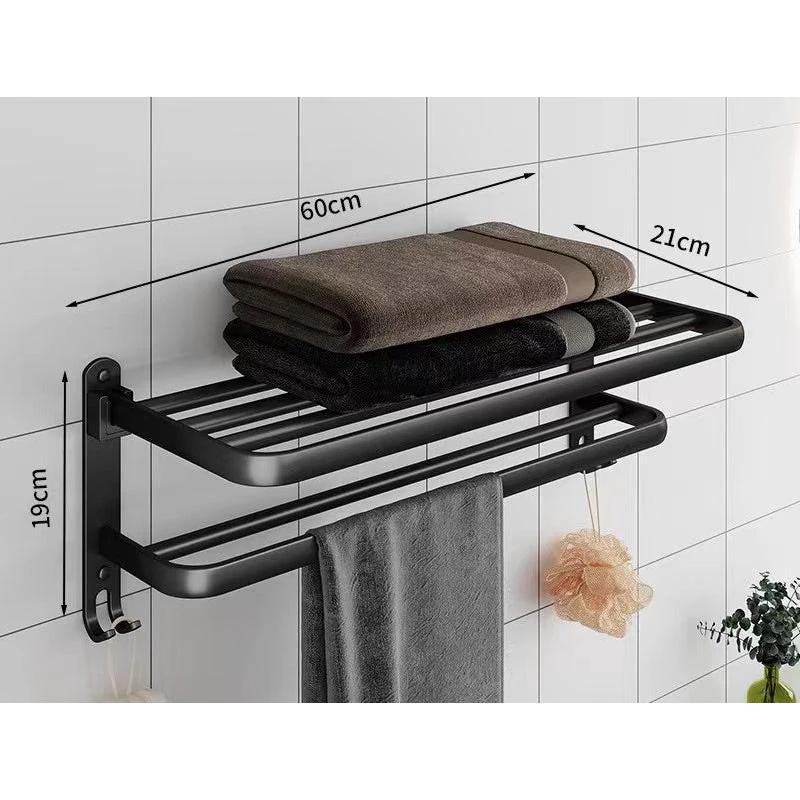 Foldable Metallic Bathroom Towel Holder Rack | 60x21x19cm Black - Adhesive & Screw Mount Options Bathroom Storage Towel Racks