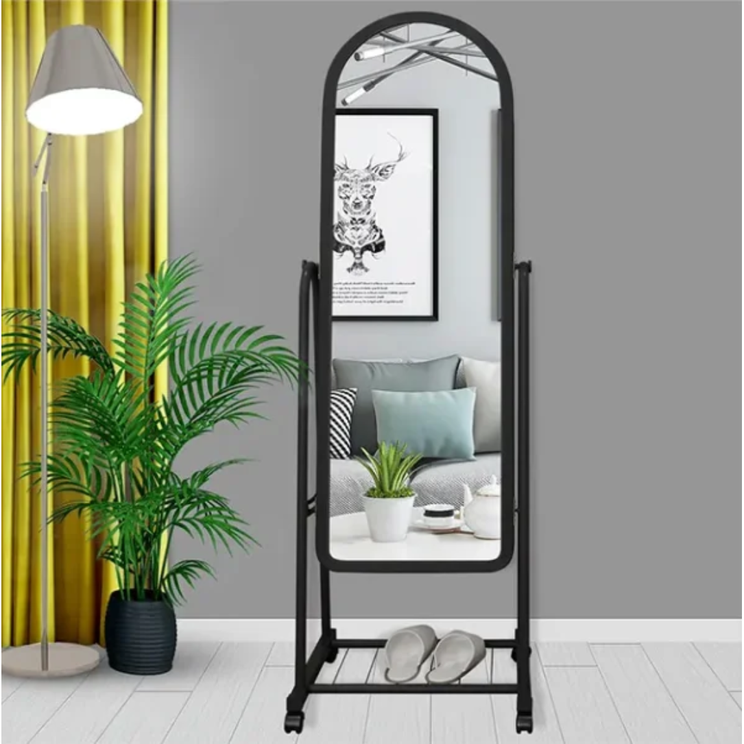Full Length Standing Mirror with Arched Frame and Storage Rack