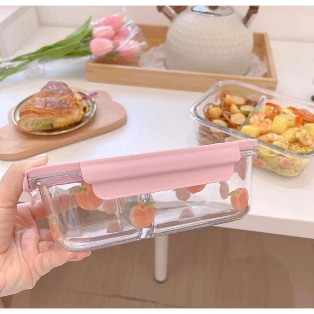 Glass Food Container,1050ml,With Partitions,Leak Proof,For Microwave,Oven, Fridge, Dishwasher safe,Meal Prep, Airtight Containers,Pink,Blue,Clear Lunch Boxes & Bottles Lunch Boxes & Totes