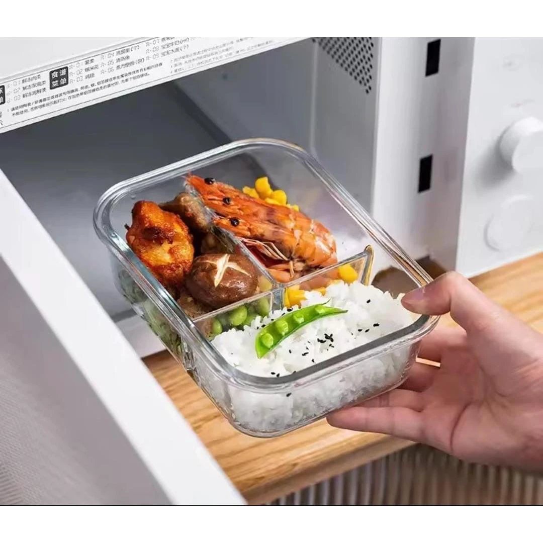 Glass Food Container,1050ml,With Partitions,Leak Proof,For Microwave,Oven, Fridge, Dishwasher safe,Meal Prep, Airtight Containers,Pink,Blue,Clear Lunch Boxes & Bottles Lunch Boxes & Totes