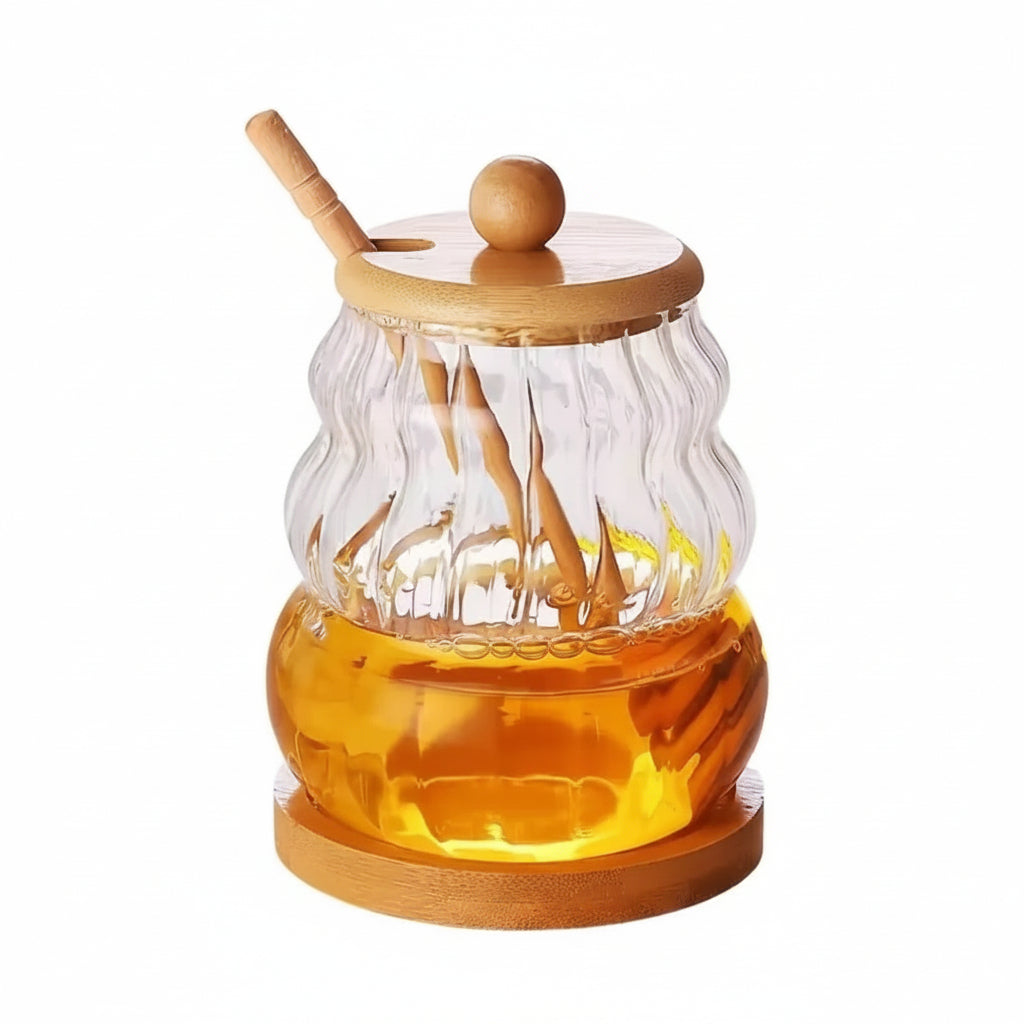Glass Honey Dispenser Jar with Bamboo Lid, Base & Dipper Glass storage jar Condiment Dispensers