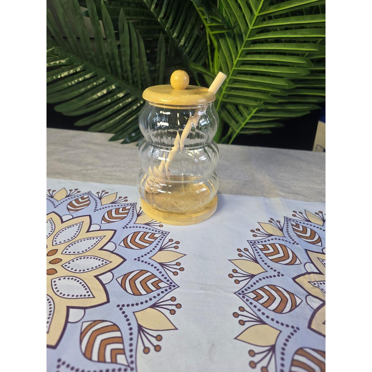Glass Honey Dispenser Jar with Bamboo Lid, Base & Dipper