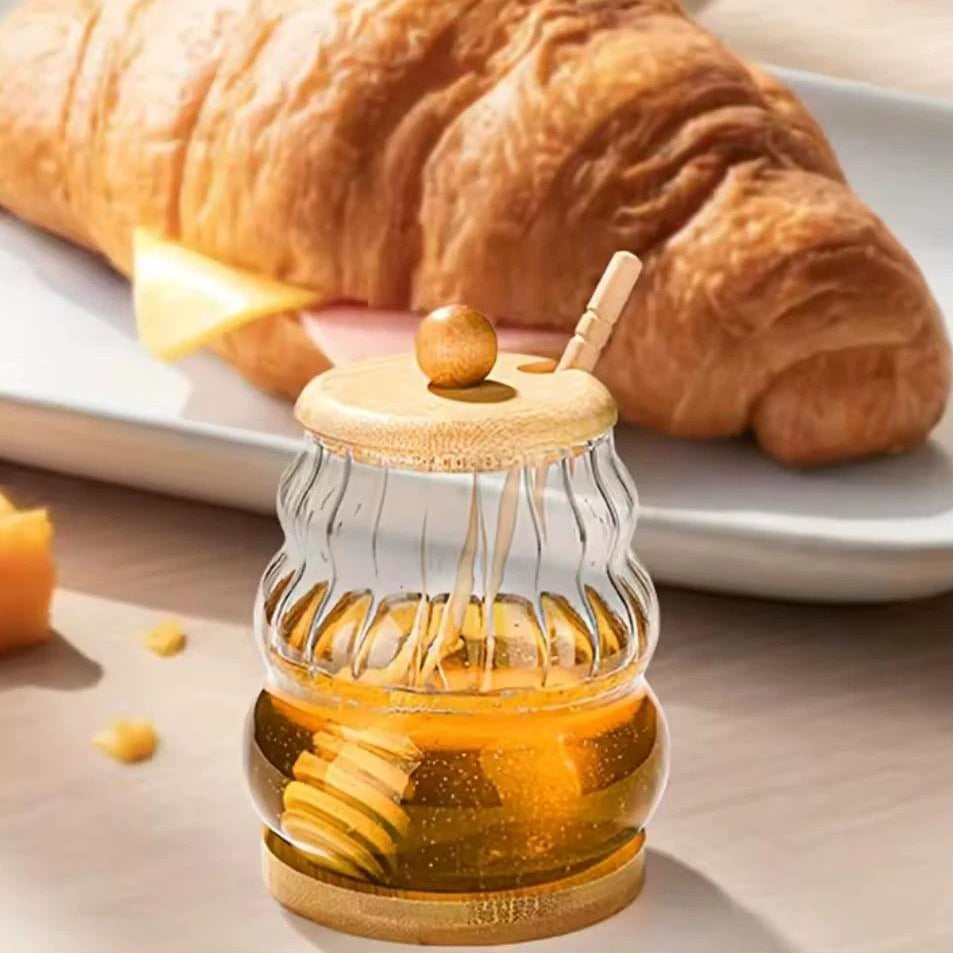 Glass Honey Dispenser Jar with Bamboo Lid, Base & Dipper Glass storage jar Condiment Dispensers