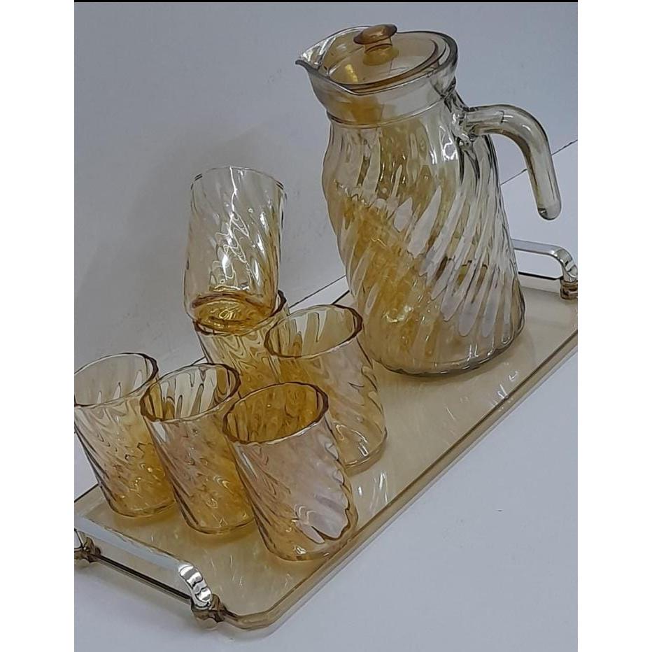Glass Jug with Glasses and Tray Set Available in Gold or Black