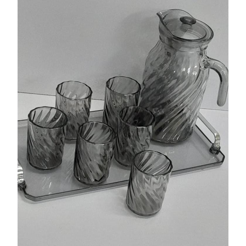 Glass Jug with Glasses and Tray Set Available in Gold or Black