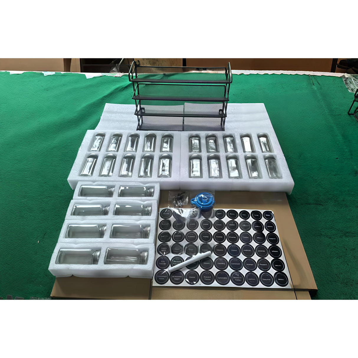 Glass Spice Jars Set with Rack, Funnel, Labels, Pen and Brush – 28pcs