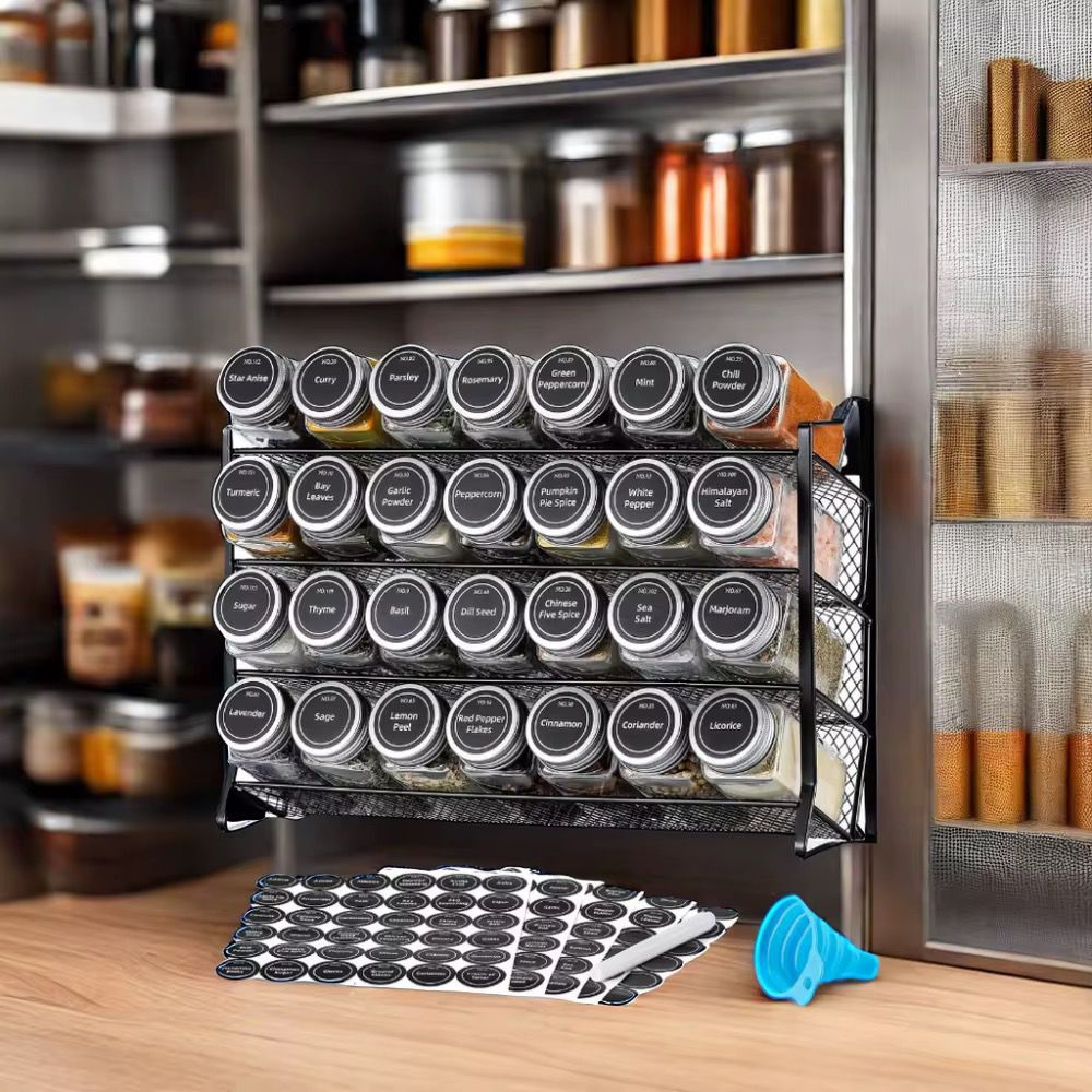 Glass Spice Jars Set with Rack, Funnel, Labels, Pen and Brush – 28pcs