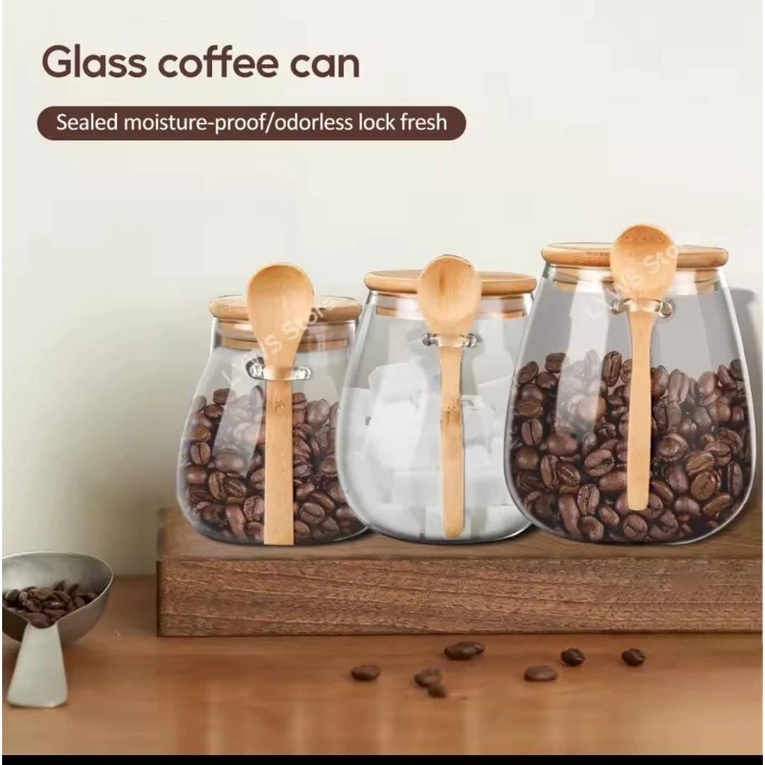 Glass Storage Canister with Bamboo Spoon & Airtight Lid – 600ml food storage Food Storage Containers