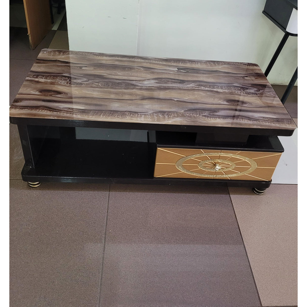 Glass-Top Coffee Table with Drawer and Cabinet – Modern Wood-Finish Design