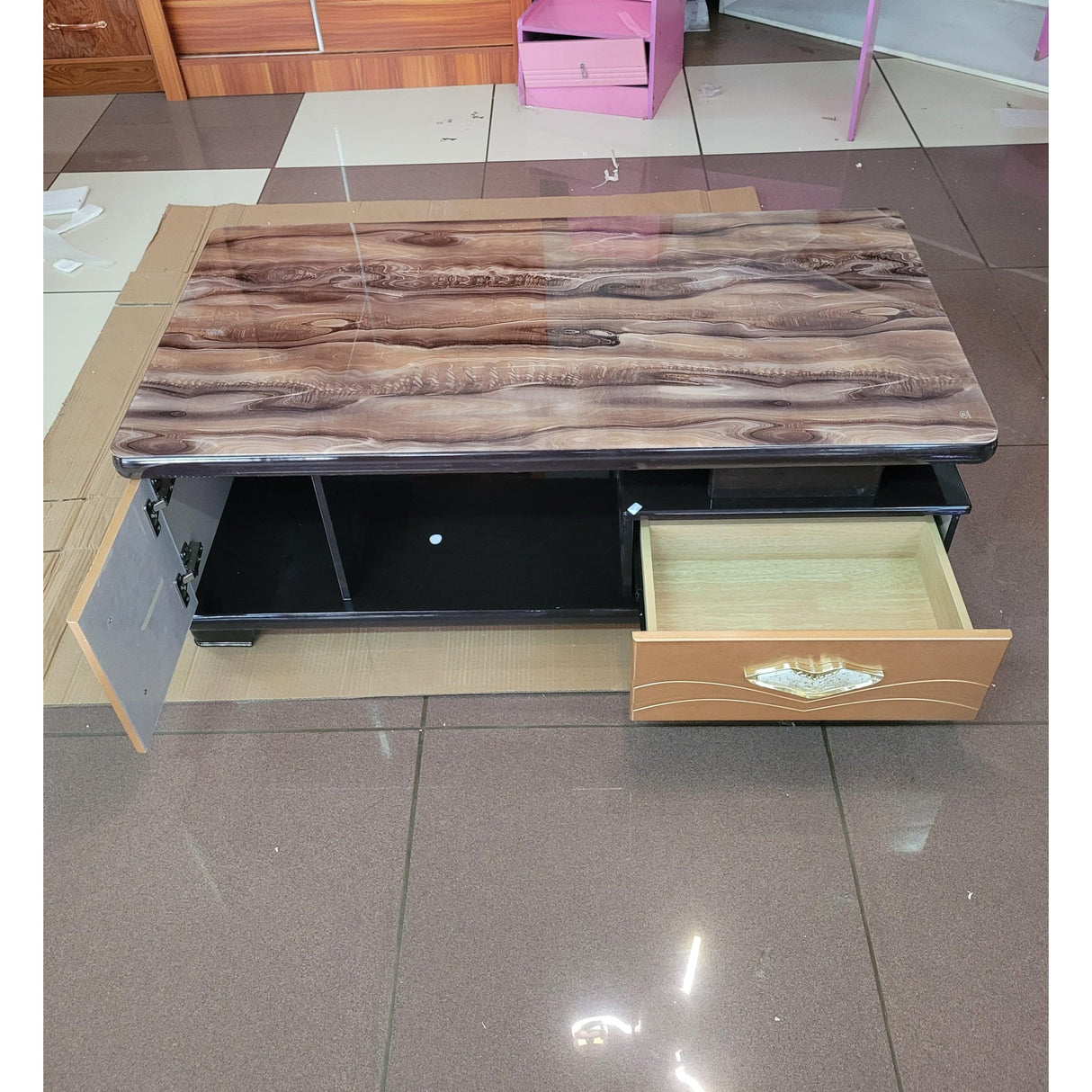 Glass-Top Coffee Table with Drawer and Cabinet – Modern Wood-Finish Design