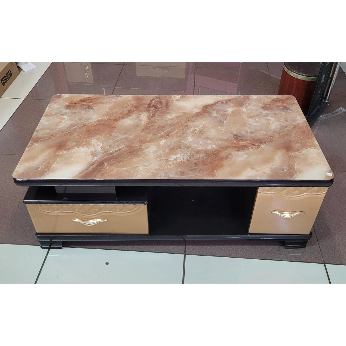 Glass-Top Coffee Table with Dual Drawers – Brown Marble-Finish Living Room Table Coffee Tables