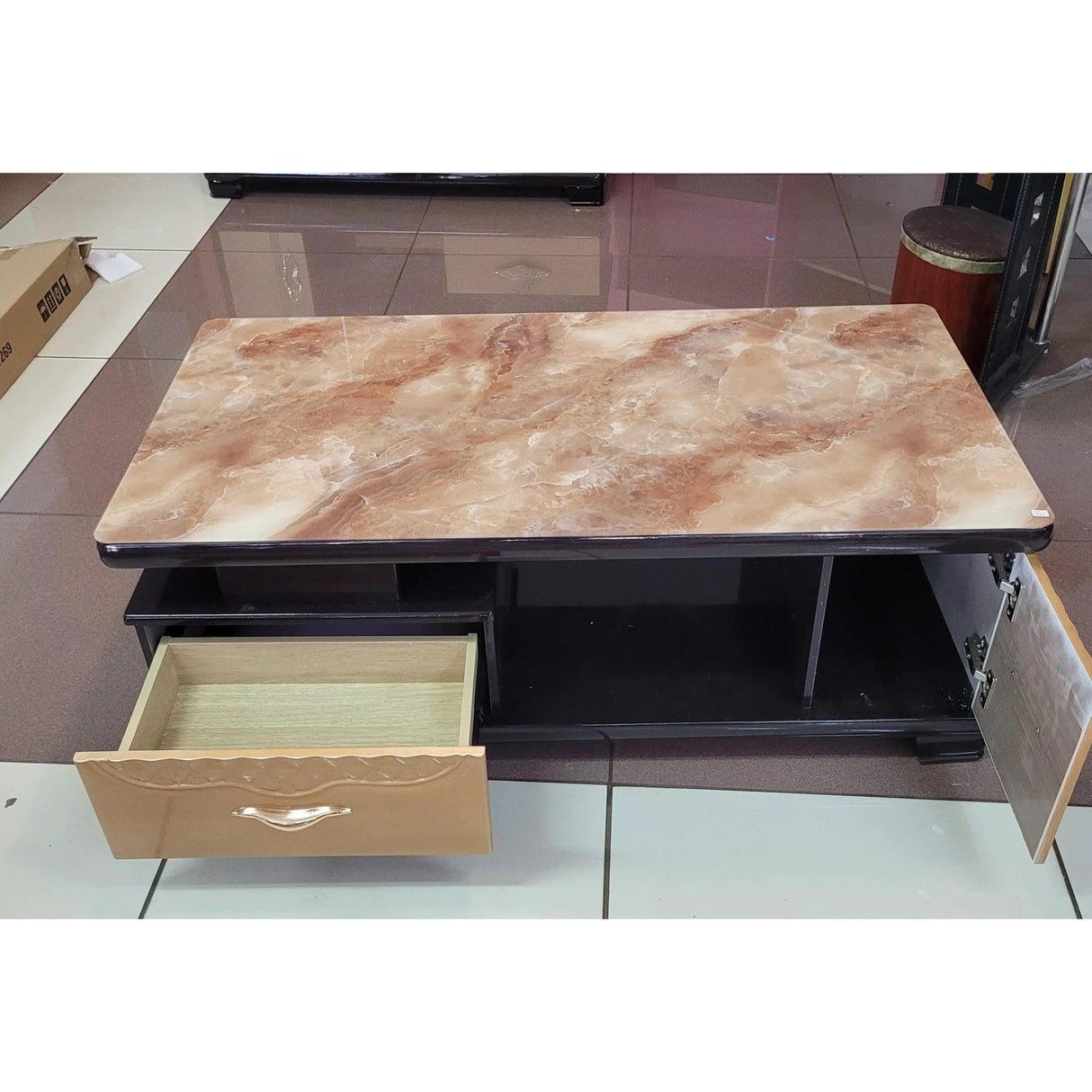 Glass-Top Coffee Table with Dual Drawers – Brown Marble-Finish Living Room Table Coffee Tables