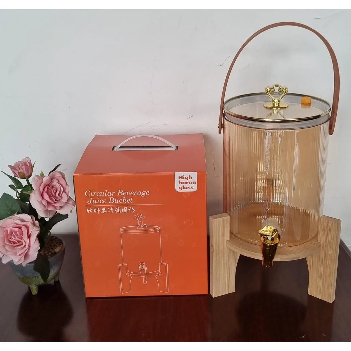 Golden Borosilicate Glass Beverage Dispenser 3.6L with Bamboo Base and Glass Lid Glassware Tableware