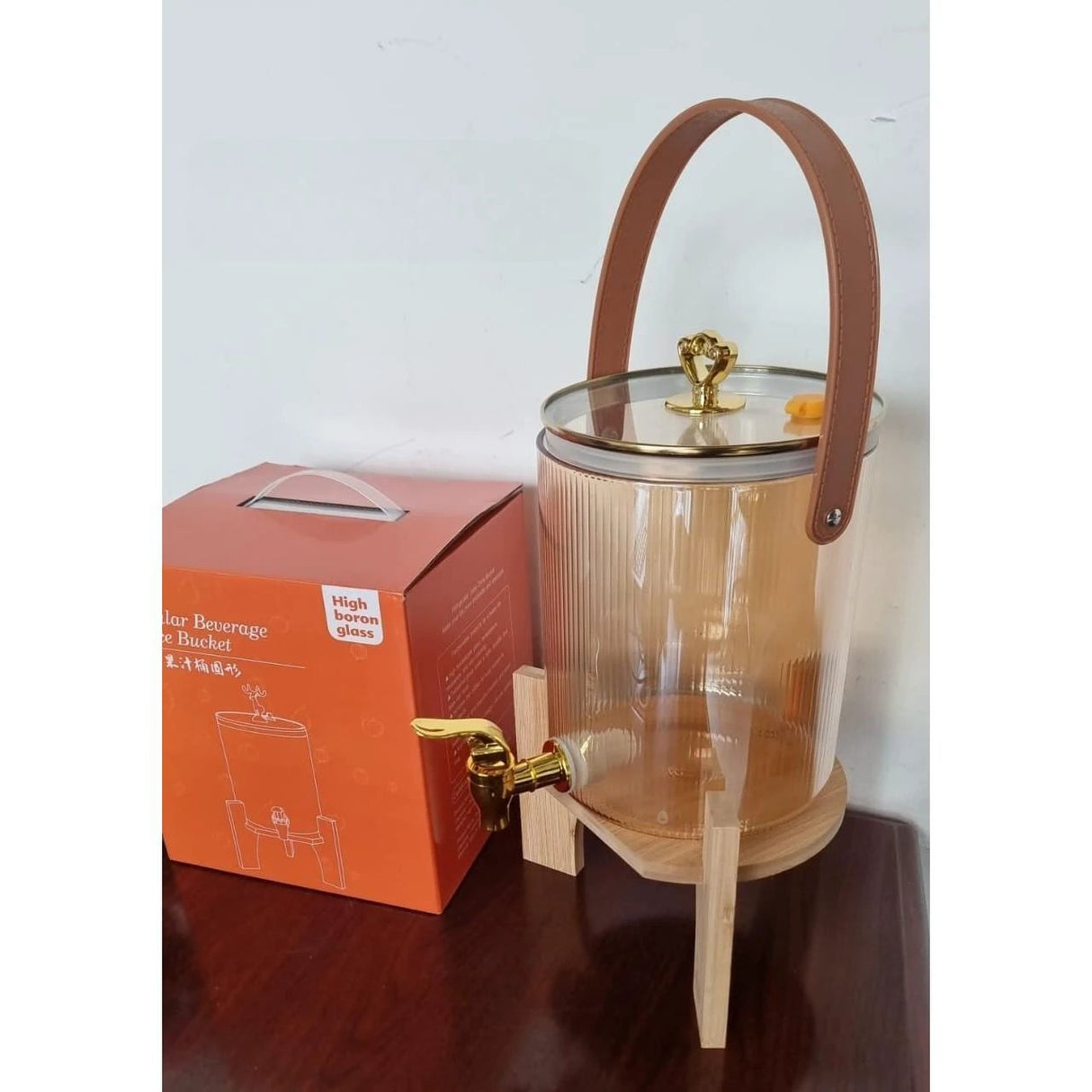 Golden Borosilicate Glass Beverage Dispenser 3.6L with Bamboo Base and Glass Lid Glassware Tableware