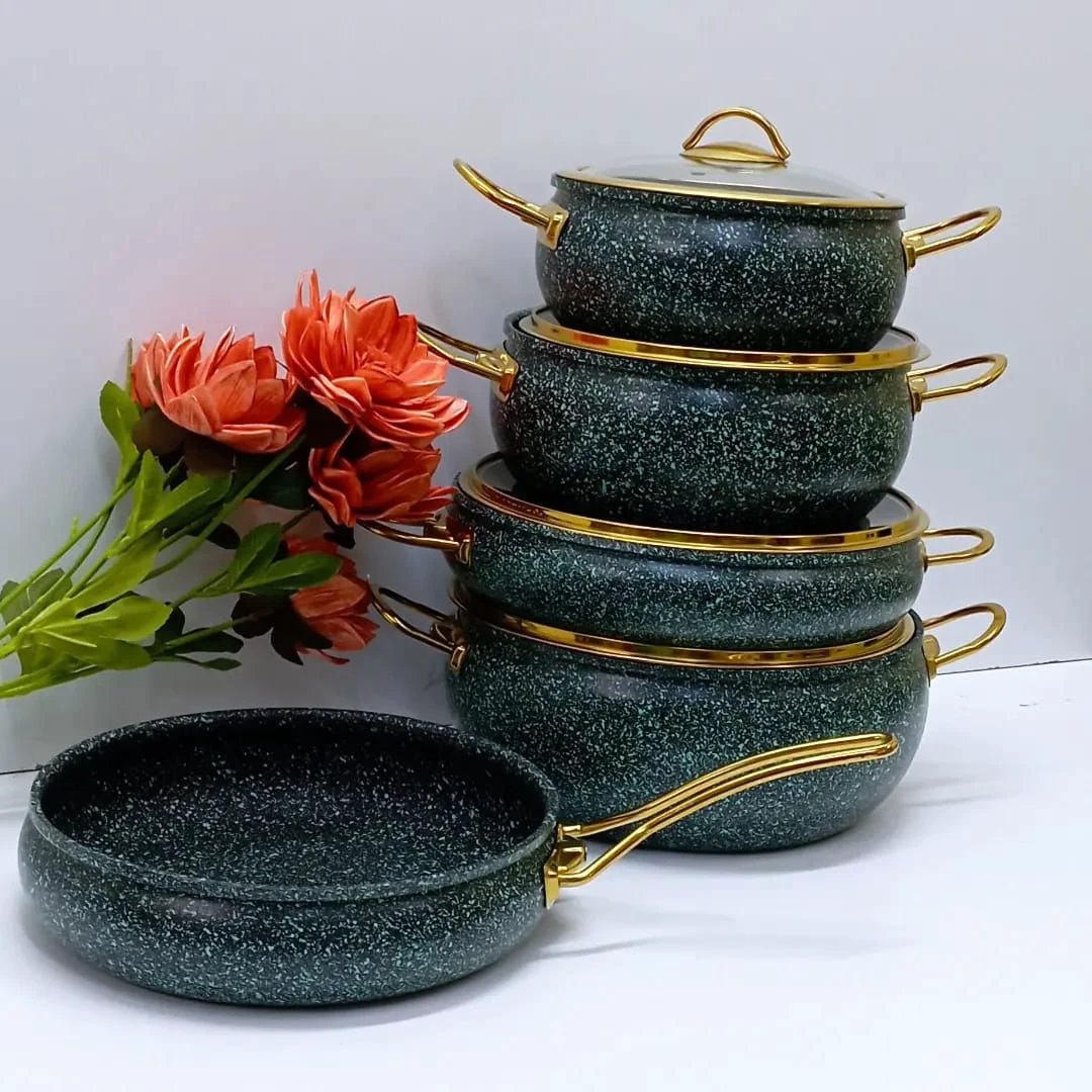 Granite Sufuria Set 9 Pieces with 4 Sufurias Glass Lids and Frying Pan | Available in Cream Black Green Cookware Cookware