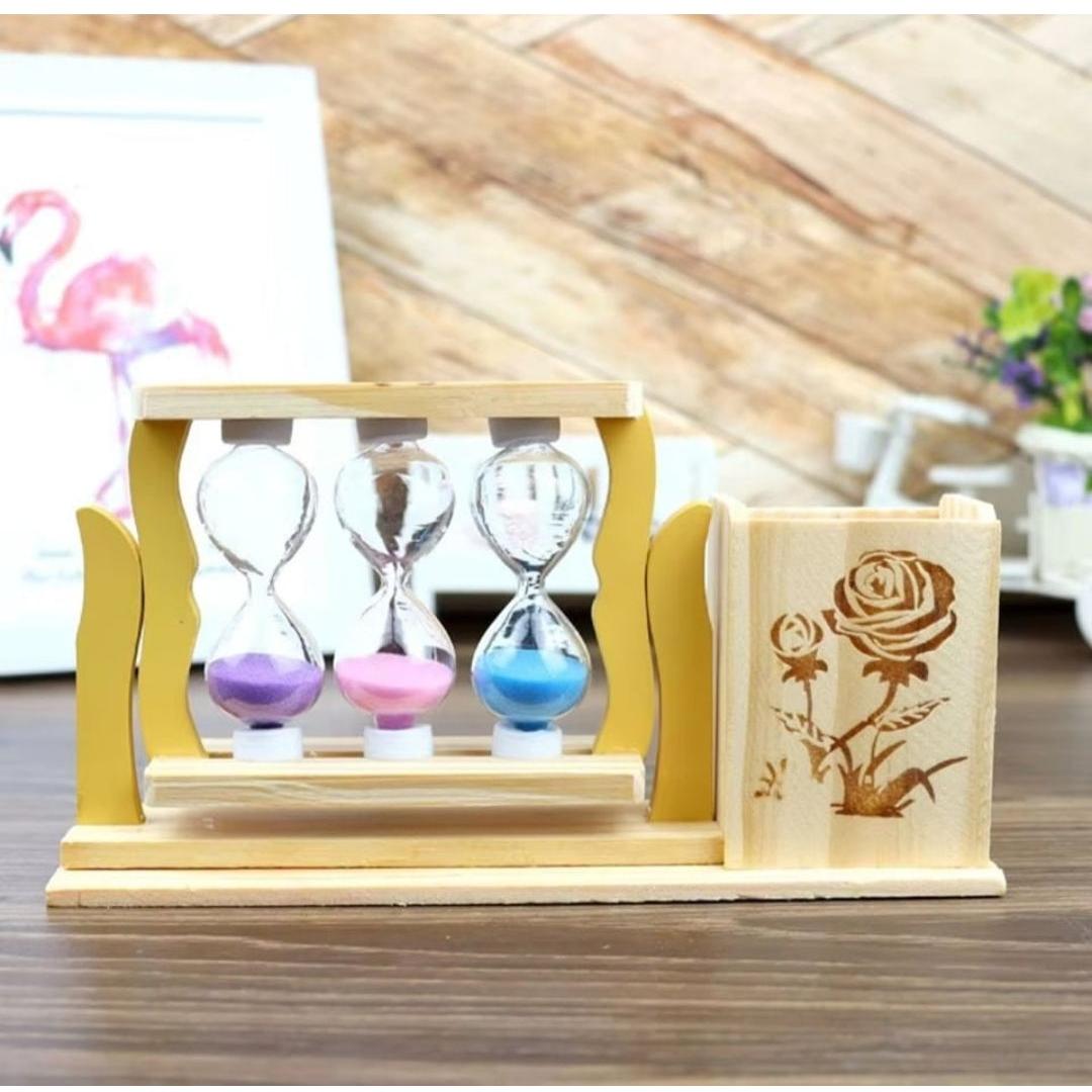 Handicraft Wooden Pen Stand with 3 Hourglass Timer 19x5x10cm