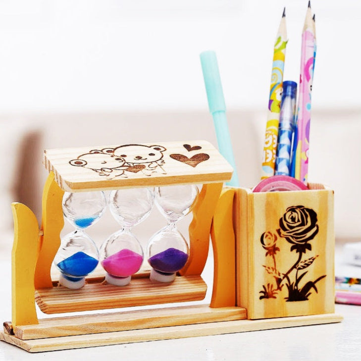 Handicraft Wooden Pen Stand with 3 Hourglass Timer 19x5x10cm