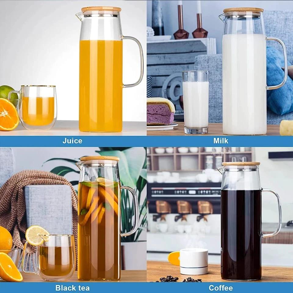 Heat Resistant Glass Jug 1.2L with Airtight Bamboo Lid Storage Containers Serving Pitchers & Carafes