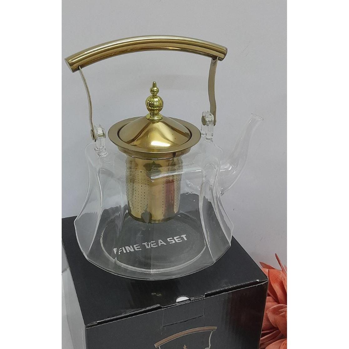 Heat Resistant Glass Teapot with Strainer Infuser and Gold Handle 1.2 Litres