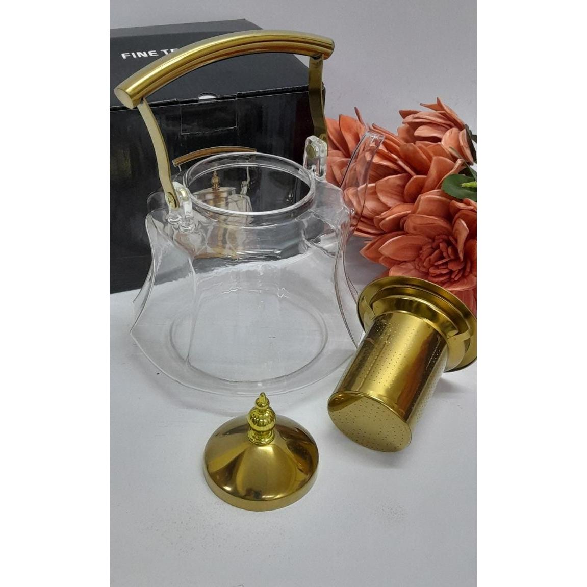 Heat Resistant Glass Teapot with Strainer Infuser and Gold Handle 1.2 Litres