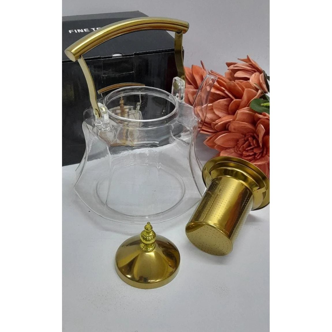 Heat Resistant Glass Teapot with Strainer Infuser and Gold Handle 1.2 Litres Kitchen appliances Teapots