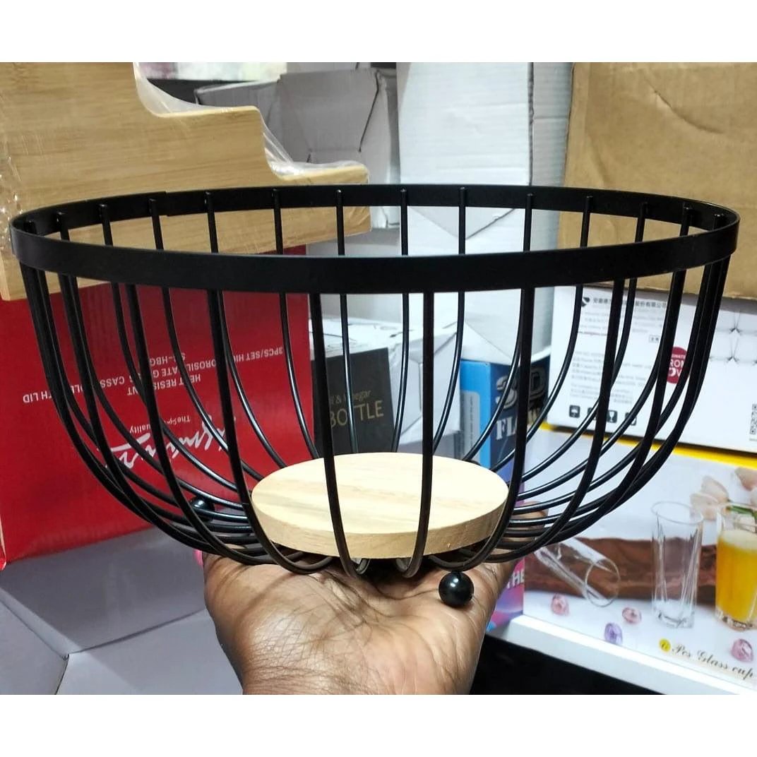 Heavy-Duty Black Fruit Basket with Bamboo Base – 25cm Diameter | Decorative & Functional Kitchen Storage Kitchen Organizers
