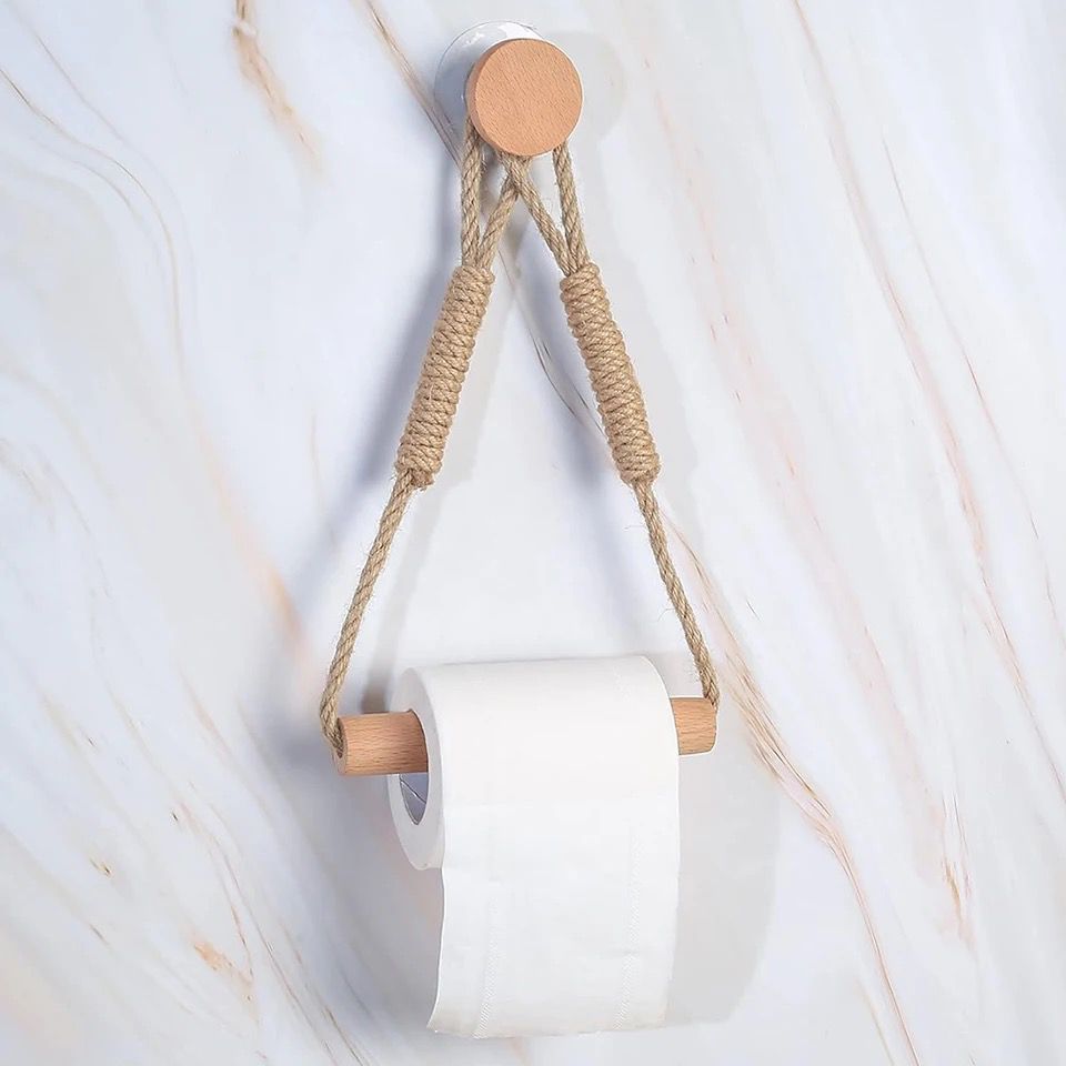 Hemp Rope Tissue Holder with Bamboo Base Stylish Wall