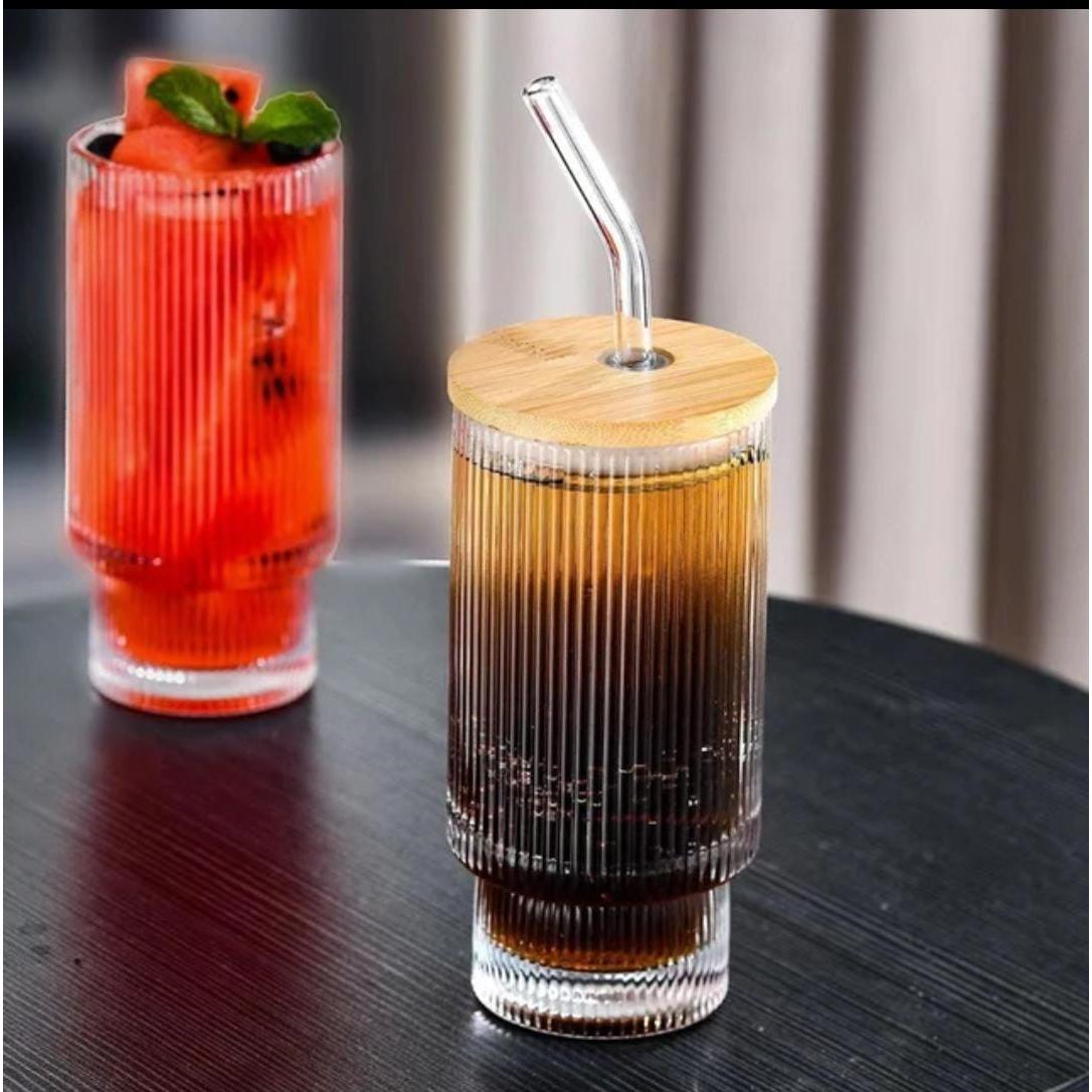 High Borosilicate Glass Tumbler 350ml with Bamboo Lid, Straw & Cleaner