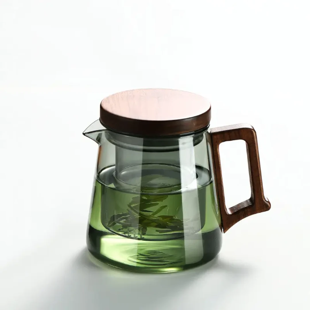 High Borosilicate Teapot with Walnut Handle Elegant Heat Resistant Glass Teapot. Tableware Teapots