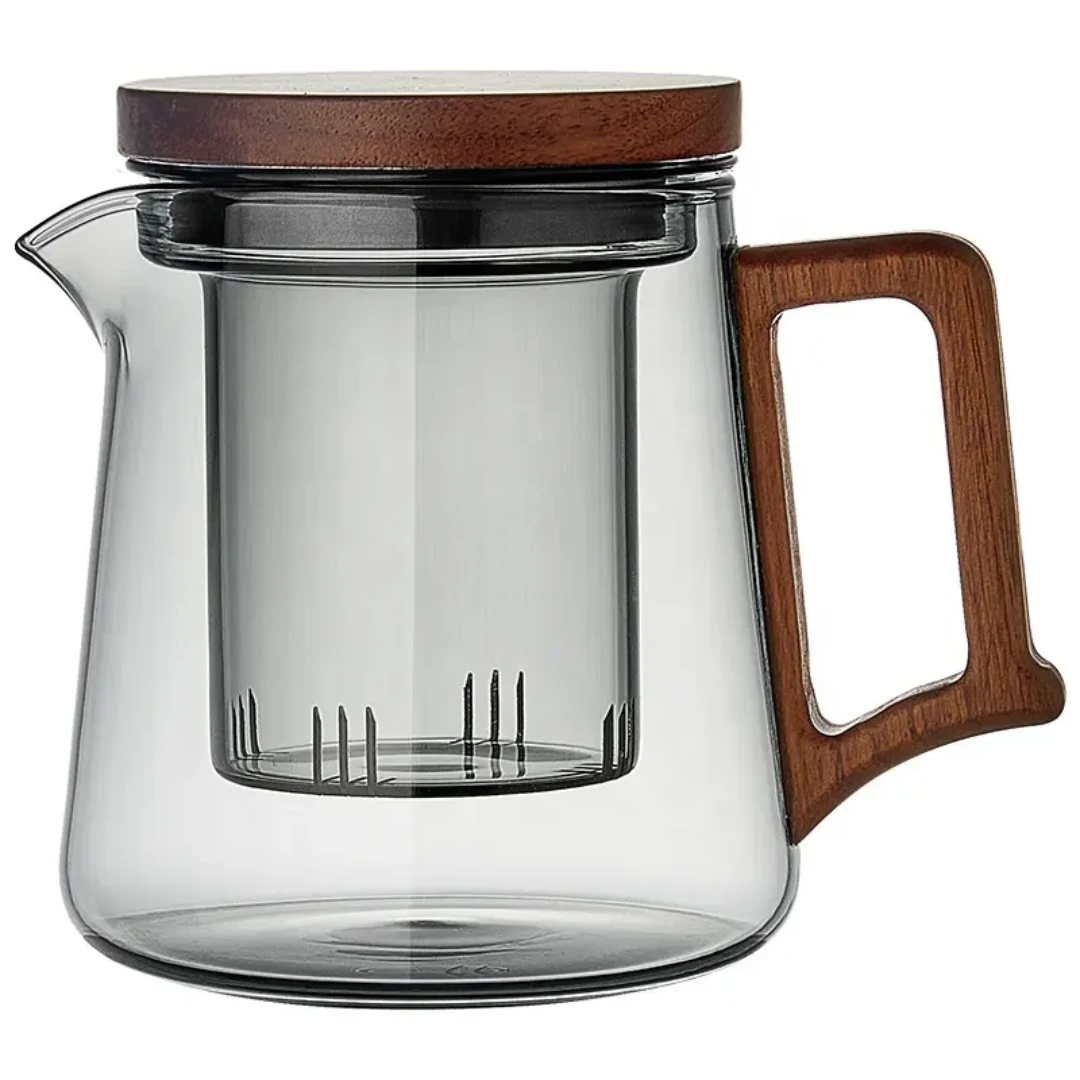 High Borosilicate Teapot with Walnut Handle Elegant Heat Resistant Glass Teapot. Tableware Teapots